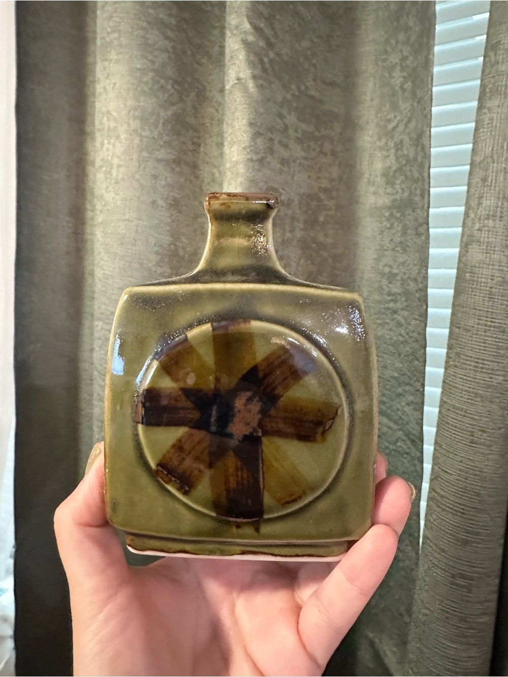 Vintage Handmade Olive Green Ceramic Decorative Vase with Brown Accent